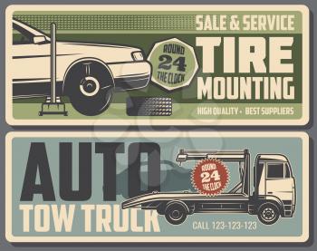 Car repair service, tire mounting maintenance and tow truck. Vector illustration. Auto parts restoration or fixing and vehicle evacuation to garage station. Vintage billboards