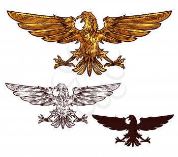 Eagle victory and power heraldic element. Heraldry gold sign and black silhouette. Mythical bird or griffin with spread wings and sharp claws as symbol of strength, isolated vector