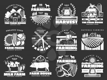 Farm and farming monochrome vector icons, harvest and animals. Organic food and meat, milk and cattle farm. Field and barn, sunflower and vegetables, pig and cow, poultry and tractor