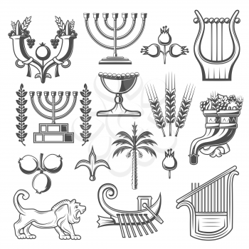 Judaism symbols monochrome vector icons. Cornucopia and goblet, pomegranate and menorah, laurel branches and harp, lion and wheat. Jewish culture and judaism religion icons