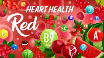 Fruits and berries, red color detox diet, vector vitamin icons in bubbles. Vitamins A, B and D with minerals heart health. Watermelon and pomegranate, gooseberry, raspberry, cranberry and currant