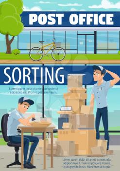 Post mail delivery, postage logistics. Vector postman or mailman working with letter envelopes and parcels. Postal warehouse with boxes and cargo shipping service, open mailbox