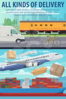 Post mail delivery office, postage logistics. Vector airplane and train, truck and ship, bicycle transport for shipping parcels and boxes. Cargo and freight correspondence transportation