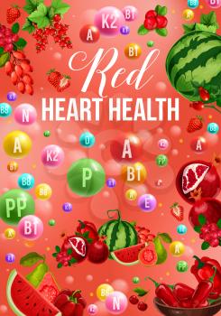 Color detox diet poster of red food day for health heart. Watermelon and pomegranate, strawberry and dogrose, cranberry and redcurrant, bell and chili pepper. Proper nutrition with vitamins vector