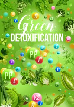 Color detox diet poster of green food day. Cabbage and broccoli, grapes and gooseberry, kiwi and apple, mint and basil. Proper nutrition for detoxification of vegetables and fruits or berries vector