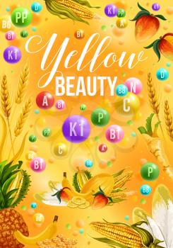 Color detox diet poster yellow food day for beauty. Corn and pineapple, banana and wheat, ginger and durian, nectarine and Chinese cabbage, cereals. Proper nutrition of fruits and vegetables vector