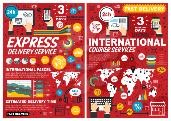 Express delivery and international courier service infographic posters. Vector line art internet store shipment transport icons. Global worldwide transportation of orders form computer or smartphone