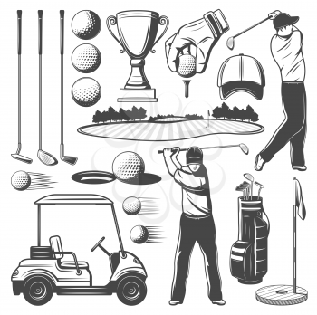 Golf sport monochrome vector icons of sporting items and player. Man with club, ball and cart, game course and hole near flag, cap and trophy cup. Man and tools to play