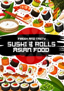 Sushi and rolls poster of Japanese cuisine. Vector seafood, salmon sashimi or eel unagi maki, shrimp tempura and rice bowl, chopsticks and caviar, banana leaves. Asian meal or dish with raw fish