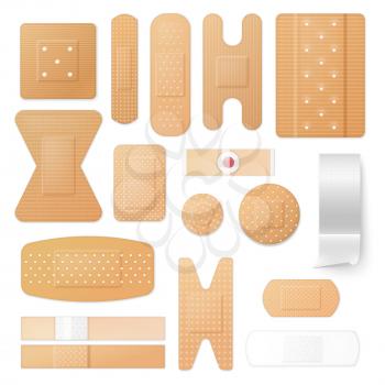 Isolated patches and adhesive plasters, medical treatment of skin injuries. Vector antibacterial sterile cover for hurt body surface, ticky disposable band-aid of square, round or rectangular shapes with holes
