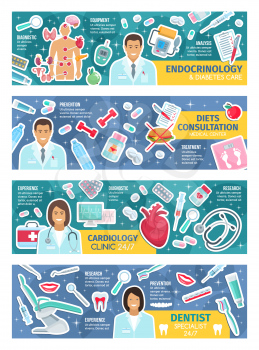 Medicine posters specialists in nutrition and endocrinology, cardiology and dentistry. Endocrinologist and diabetes care, diets consultation doctor. Cardiologist and dentist, pills and tools vector