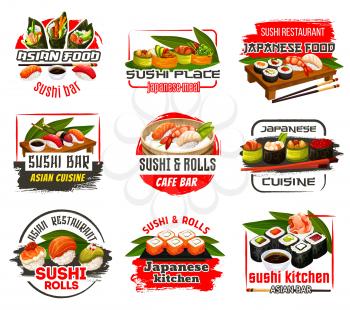 Japanese sushi bar and seafood restaurant icons. Cuisine of Japan, nigiri and roll sushi with salmon, shrimp, tuna and avocado, caviar and ginger. Soy and wasabi sauce with chopsticks vector