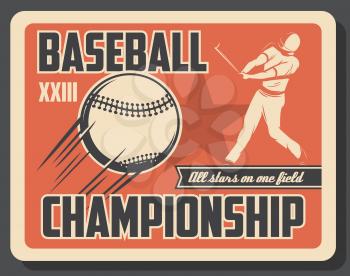 Sport game baseball retro invitation with flying ball and player. Sporting item and sportsman in uniform on vintage poster. Professional all stars league championship or tournament brochure vector