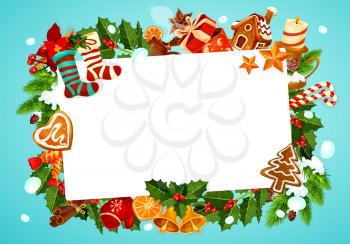 Frame for Christmas greeting card with blank space for wishes. Gingerbread cookies and candle, gift box and socks, cinnamon and orange, mittens and candy. Jingle bells and cranberry or anise vector