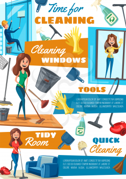 Cleaning and washing windows, housekeeping and household. Vector vacuum cleaner and mop, plunger and sprayer for glass, scoop and gloves, broom and bucket. Housewife and male window cleaner in helmet
