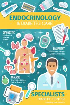 Endocrinology medicine, doctor and diabetes clinic. Endocrinologist doctor, vector organs of endocrine system and medical treatment. Heart, brain and thyroid gland, pill, insulin and larynx
