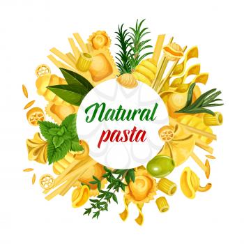 Italian natural pasta macaroni and spaghetti, fusilli and farfalle, rigatoni and ravioli, conchiglie and avemarie, route and gnocchi, tortellini in vector with herbs and spices. Cuisine of Italy