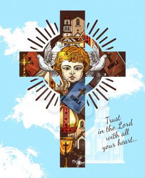 Christianity Catholic religion vector greeting card with Bible sayings. Angel and gold goblet on cross, church and Papas hat, pigeon and halo. Belief and faith poster with religious attributes in sky
