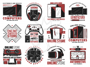 Online electronics store icons. Computer and headphones, speaker and smartphone, tablet and TV set, keyboard and joystick. Pad and memory storage devices, virtual reality glasses and navigator vector