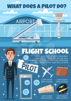 Pilot profession and flight school. Aviator in uniform and airport building, ladder and airplane, suitcase and cap, tickets and metal detector frame. Aviation and plane captain career vector