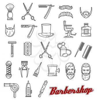 Barbershop outline line art icons. Beard and mustache, barber tools shaving razor or scissors, hairbrush and hair dryer. Vector of male beauty salon, hairdresser and coiffeur or haircutter service