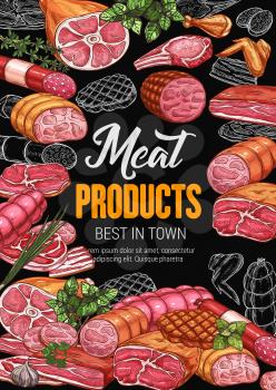 Butchery shop poster with meat products. Sausage and bacon, gammon and steak, beef and ham, pork and chicken, leg and wing, salami and lamb. Tenderloin and sirloin, greenery or seasoning vector