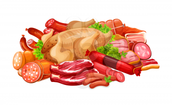 Meat products and sausages for butcher shop. Vector delicatessen of bacon, ham or pork brisket and salami with pepperoni and cervelat, sausage and frankfurter, chicken or poultry with greenery in heap
