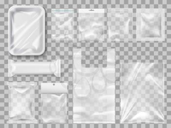 Empty packs, plastic package and vacuum containers mockups for food. Transparent disposable clean packages for meat and chocolate bar, spices and pastry. Transparent packets to carry and keep goods