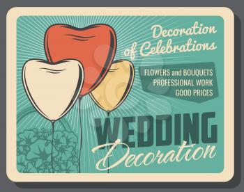 Wedding decoration, banquet arrangement or organization service, heart-shaped balloons. Vector petunia bouquet in basket, marriage celebration. Bridal ceremony, decor and adornment, holiday setting