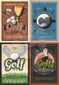 Golf game club tournament retro porters. Golfer equipment tees and balls, championship golden trophy cup and champion player. Golf school for juniors, field with green grass, sport hobby vector