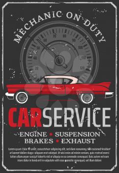 Car repair service of engine, suspension brakes, gearbox and exhaust. Brake pad replacement retro style poster. Garage or workshop with mechanic on duty, maintenance and diagnostics of auto transport