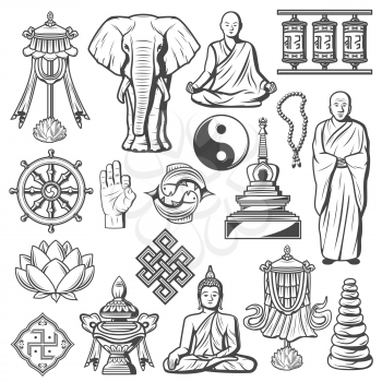 Buddhism religion icons and signs isolated. Lotus and rosary, elephant, fingers showing ok, Buddha in meditation pose. Swastika and monk, stones and drums spinning, yin yang, dharma wheel, infinity