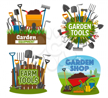 Gardening tools and equipment isolated posters. Garden shop items shovel, spade, rake and pruner, trowel and fork, scissors, pitchfork. Wheelbarrow, cart with soil, agricultural farming tools vector