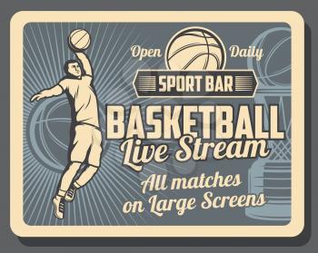 Basketball sport bar retro poster with player throwing ball. Sport tournament of playoff game on large screens, basketball league competition or championship . Trophy silhouette on vintage banner