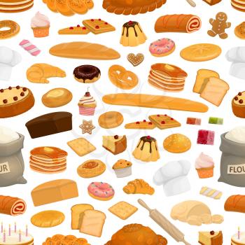Seamless pattern pastry, bread, bakery products, desserts and sweets. Baguette and toasts, chocolate cakes, cupcakes, croissants and assortment of desserts. Sack with flour, rolling pin and hat vector