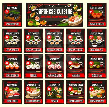Japanese cuisine menu template vector. Tea, eel, ikura futomaki. Sushi with salmon, tuna, maki rolls set. Filadelfia and alaska, california red, oszusci, guhkah. Nigiri and unagi, temaki and rice bowl