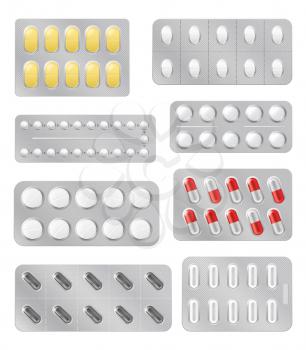 Medical pills in blisters, medicine drugs icons and signs vector. Blister with capsules, tablet for illness and pain treatment packaging. Antibiotic, aspirin, painkiller and vitamin realistic mockups