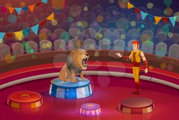 Circus show and trained lion animal on stage. Handler and wild beast and man in stage costume, dangerous trick with animal or predator sitting with open mouth, entertainment performance vector isolated
