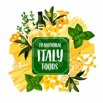Italian pasta icon for Italy cuisine foods. Spaghetti and macaroni or vermicelli as pastry products. Farfalle and gnocchi, penne and chifferi, fettuccine and lasagna, alluovo and orzo vector