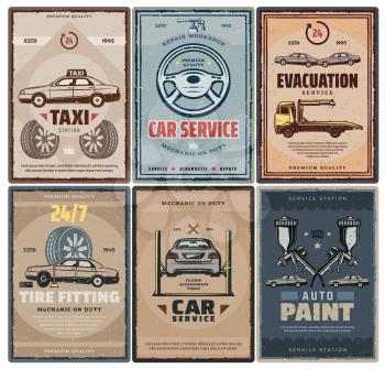 Car service retro posters for repair and taxi, evacuation and tire fitting, auto paint. Transportation and vehicle maintenance, broken parts replacement. Corpus painting at mechanic workshop vector