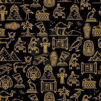 Egypt culture seamless pattern of ancient Egyptian Gods. Travel landmarks and sights outline endless texture. Nefertiti and Ra, Anubis and pyramids, mummy and sphinx, pharaoh and holy animals vector