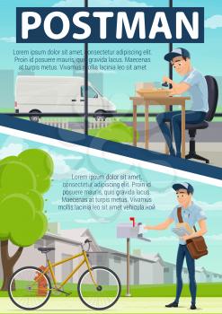 Post office and mail delivery poster with postman at work. Parcels or letters sorting and shipping by van or bicycle. mailman in uniform putting letter in mailbox and stamping envelope vector