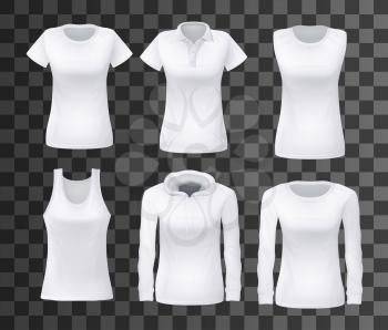 Shirts or tops for women mockups or templates. T-shirt and polo, sleeveless shirt and singlet, hoodie and sweatshirt. Female garments models for hot and cold seasons vector isolated on transparent