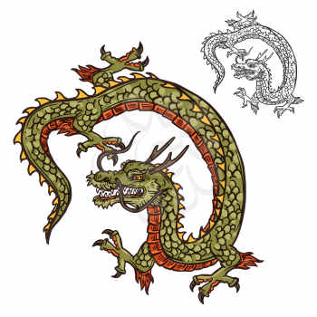Dragon with three-toed claws Japanese tattoo design or religion mascot. Mythical beast with scales and horns, whiskers and tail. Oriental culture legendary creature or monster vector isolated