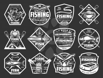 Tackle store for fishing sport monochrome icons. Fishers club badges with fish and equipment. Octopus and salmon, eel and crayfish, crab and squid, pike and carp, camping tent and boat vector