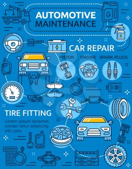 Repair car service poster with vehicle and auto parts, piston and engine with spark plugs. Automotive maintenance garage station and tire fitting. Wheel and keys, speedometer and wrench, fuel vector