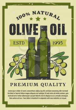 Vegetable oil of olives in bottle retro poster. Seasoning for cooking made of natural organic product sealed in container. Healthy nutrition and salad dressing liquid vintage brochure vector