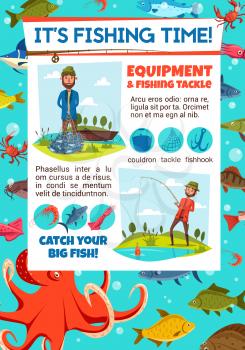 Fisherman and equipment or tackle on fishing tournament invitation. Sea fishing poster with fisher holding net or rod. Cauldron and hook, shrimp and salmon, squid and octopus, carp and perch vector