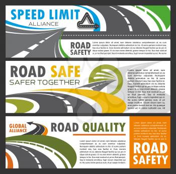 Roads and highways navigation, repair and building, driving safety. Vector roadway of asphalt, transport and direction, drivers instruction, precaution. Travel by car carefully, speed limit and rules