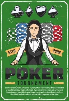 Casino retro poster for poker tournament. Female croupier in vest and bow, chips for stakes and cards suits. Gambling competition or championship announcement vintage brochure or invitation vector